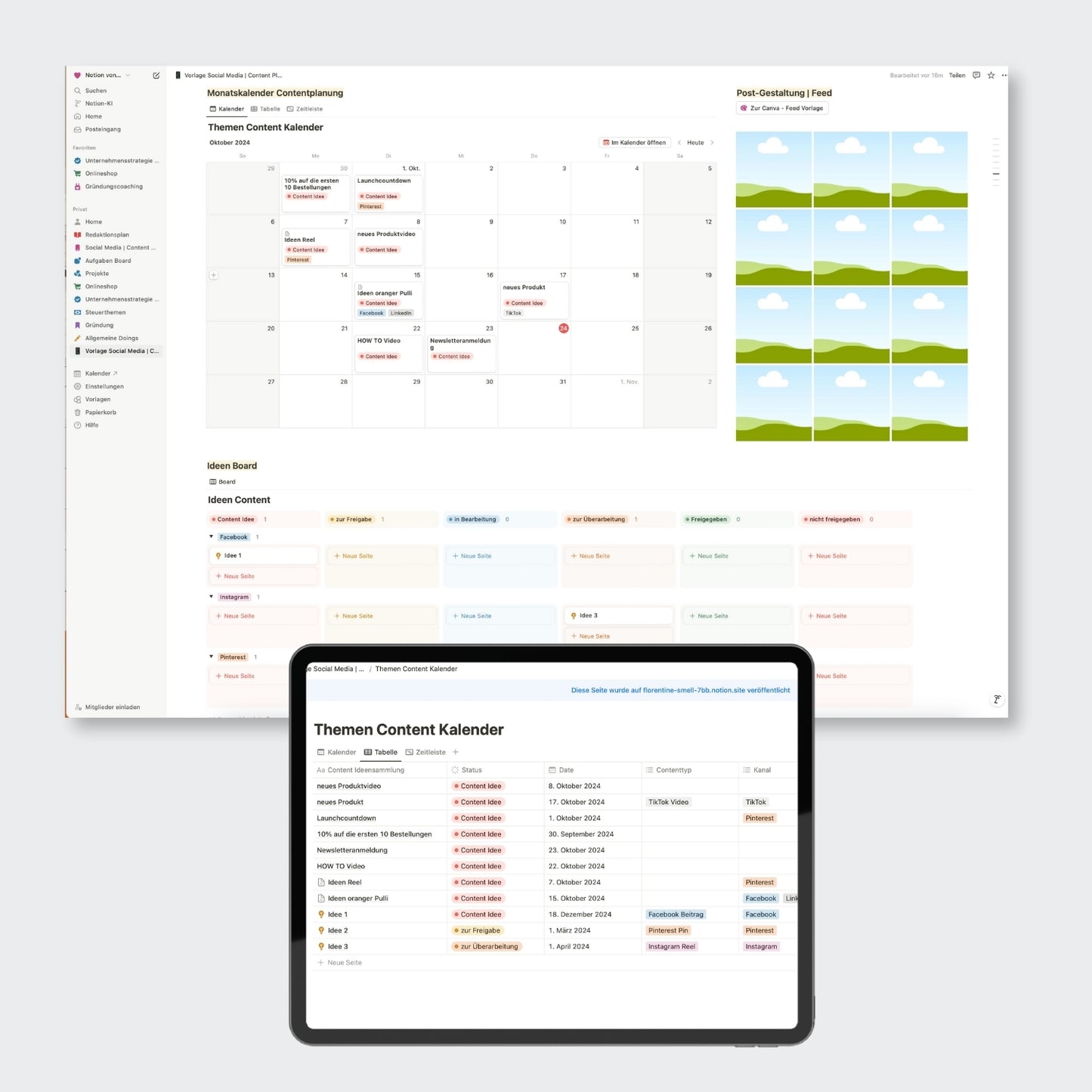 Social Media Content Kalender Notion Vorlage | Social Media Planner